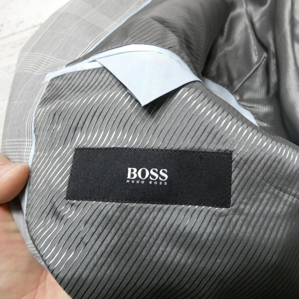 Hugo Boss BOSS Blazer Mens 42L 52 Gray Plaid Stretch Suit Jacket The James3